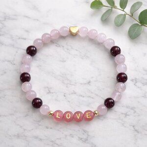 LOVE Gemstone Bracelet Rose Quartz Garnet 6mm Crystal Beads Jewelry Gift Ready